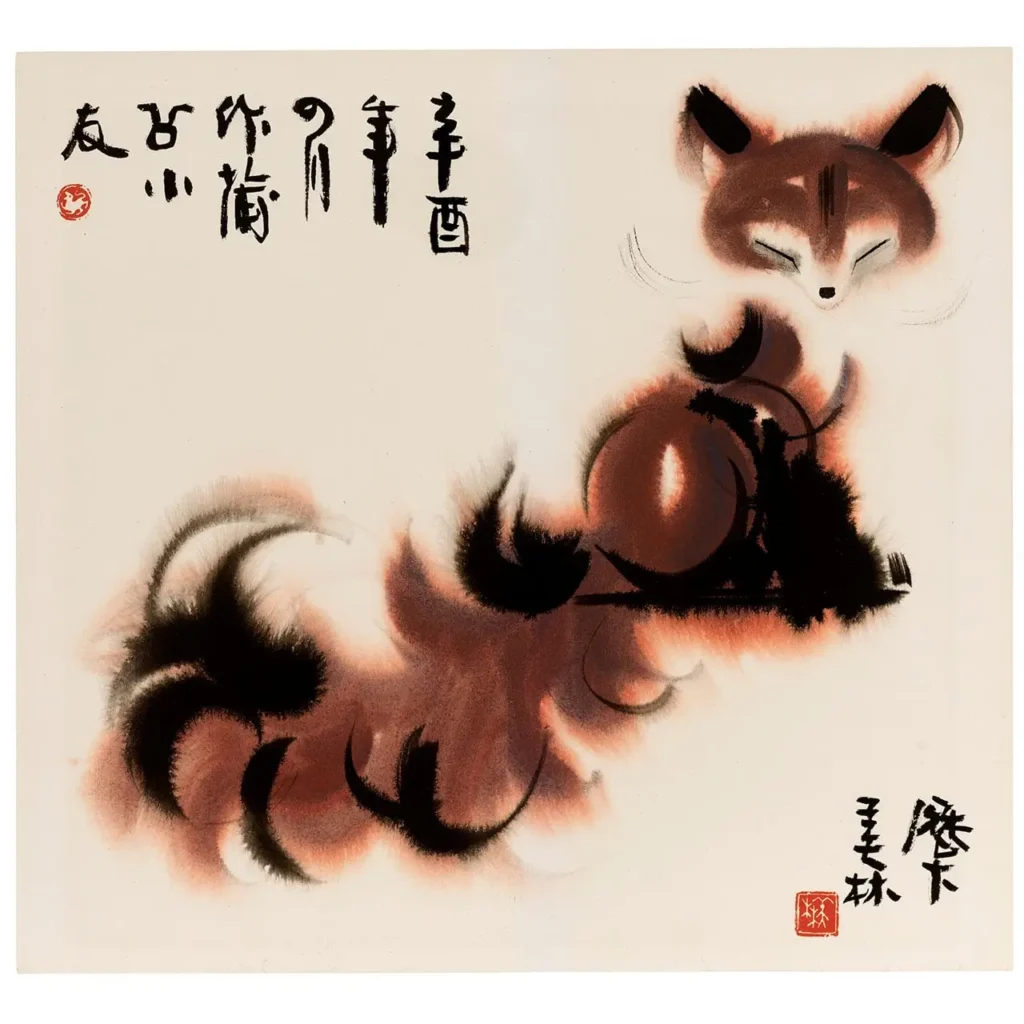 Ink-style illustration of a brown-and-white fox curled around a large brown gourd, with black brush-calligraphy on cream