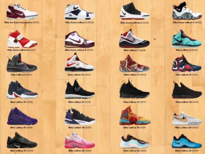 Twenty-four Nike LeBron basketball shoes arranged in a grid on a light wood floor, labeled by model and year