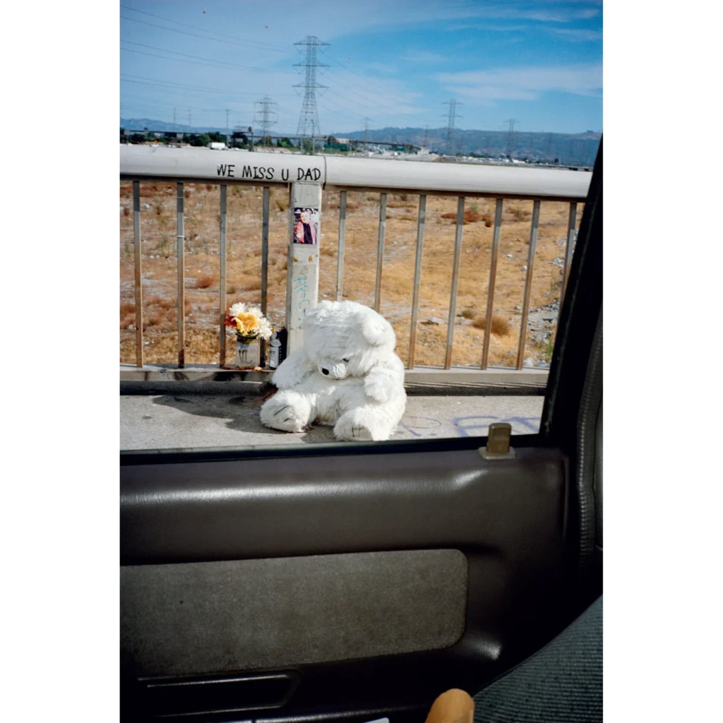 White teddy bear sitting beside flowers on a roadside railing, with “WE MISS U DAD” written above and mountains beyond