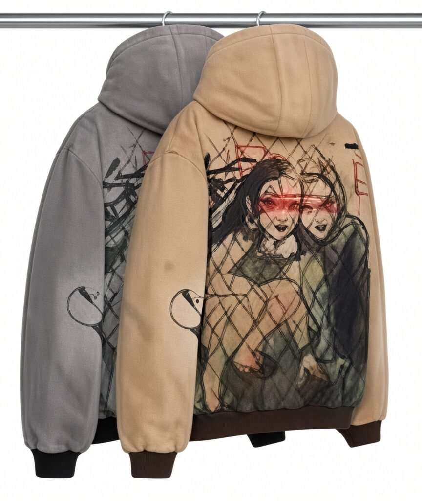 Two hooded zip-up sweatshirts hang from a rack, one gray and one tan, both with large illustrated back graphics and ribbed
