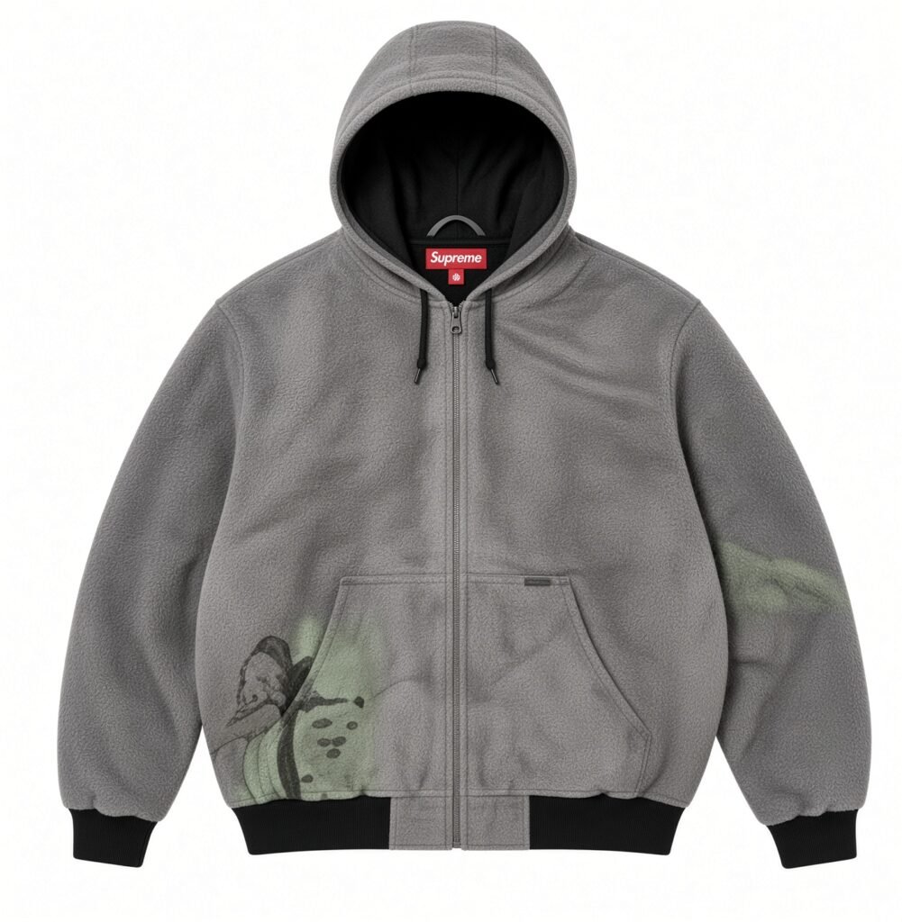 Gray Supreme zip-up hooded jacket with black lining, drawstrings, ribbed cuffs and hem, and green graphic accents on the