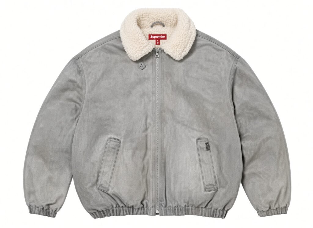 Grey jacket with a cream shearling collar, zip closure, slanted pockets and elastic cuffs displayed against a white