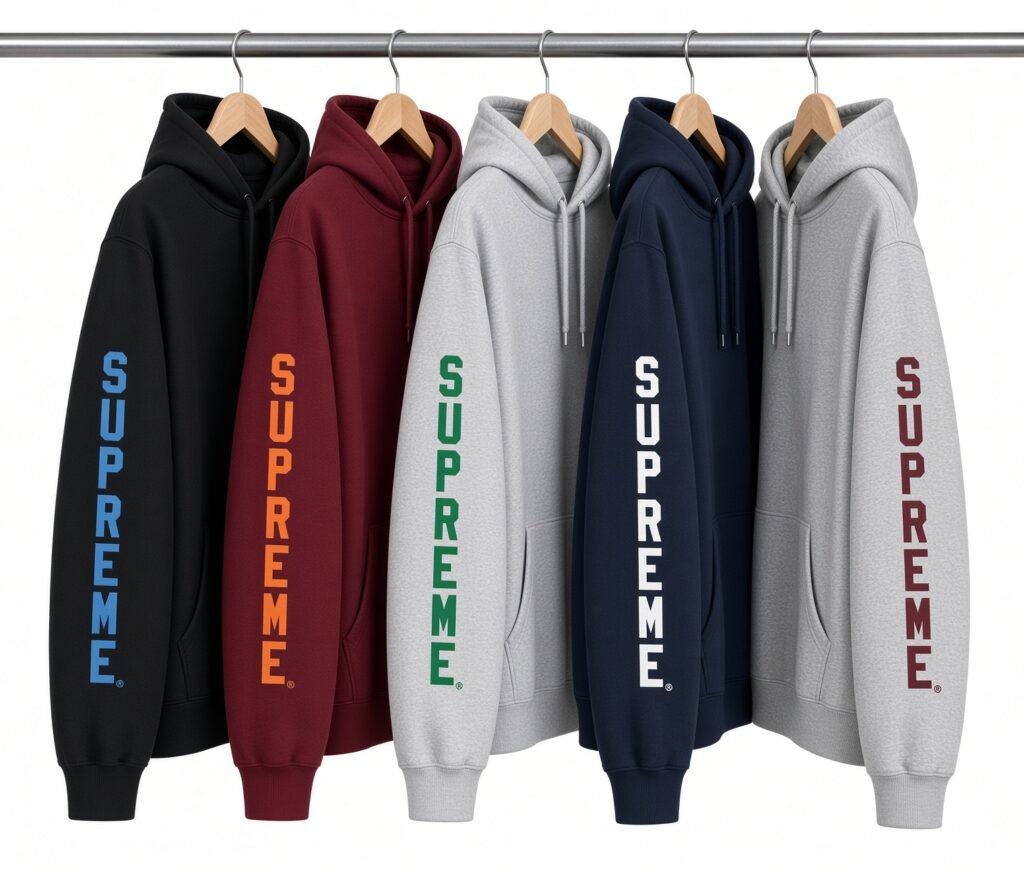 Five hooded sweatshirts hang on wooden hangers in black, burgundy, light gray, navy, and gray colorways