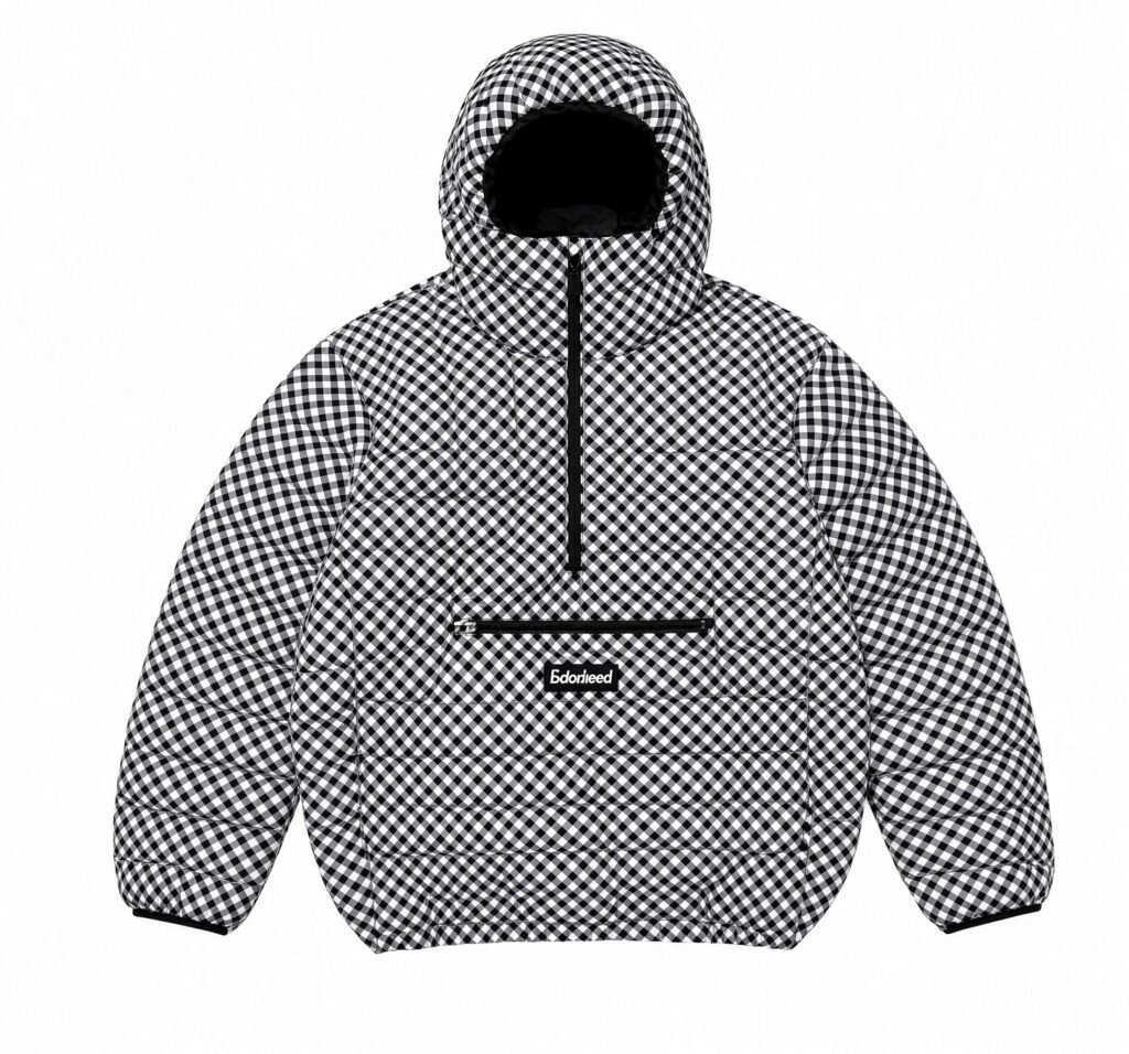 Black-and-white checkered puffer hoodie with a front zipper pocket and logo label, shown against a white background