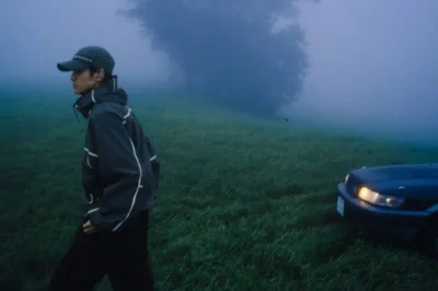 Person in a dark cap and reflective-trim jacket walks through a foggy field beside a car with headlights on