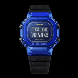 Blue G-Shock digital wristwatch with black textured strap, centered against a black background