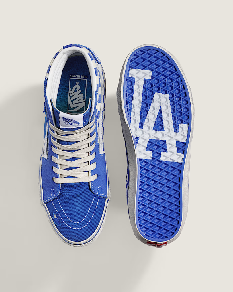 Blue-and-white Vans show, one viewed from above and one showing a Dodgers “LA” sole pattern