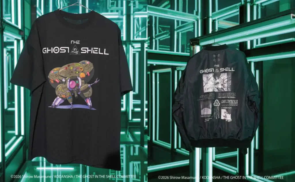Black Ghost in the Shell T-shirt and matching jacket with illustrated graphics, displayed against glowing green geometric