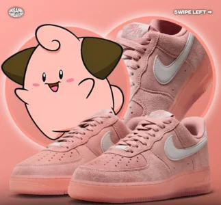 Three pink Nike Air Force 1 shoe with white Swooshes beside a pink cartoon character on a coral background