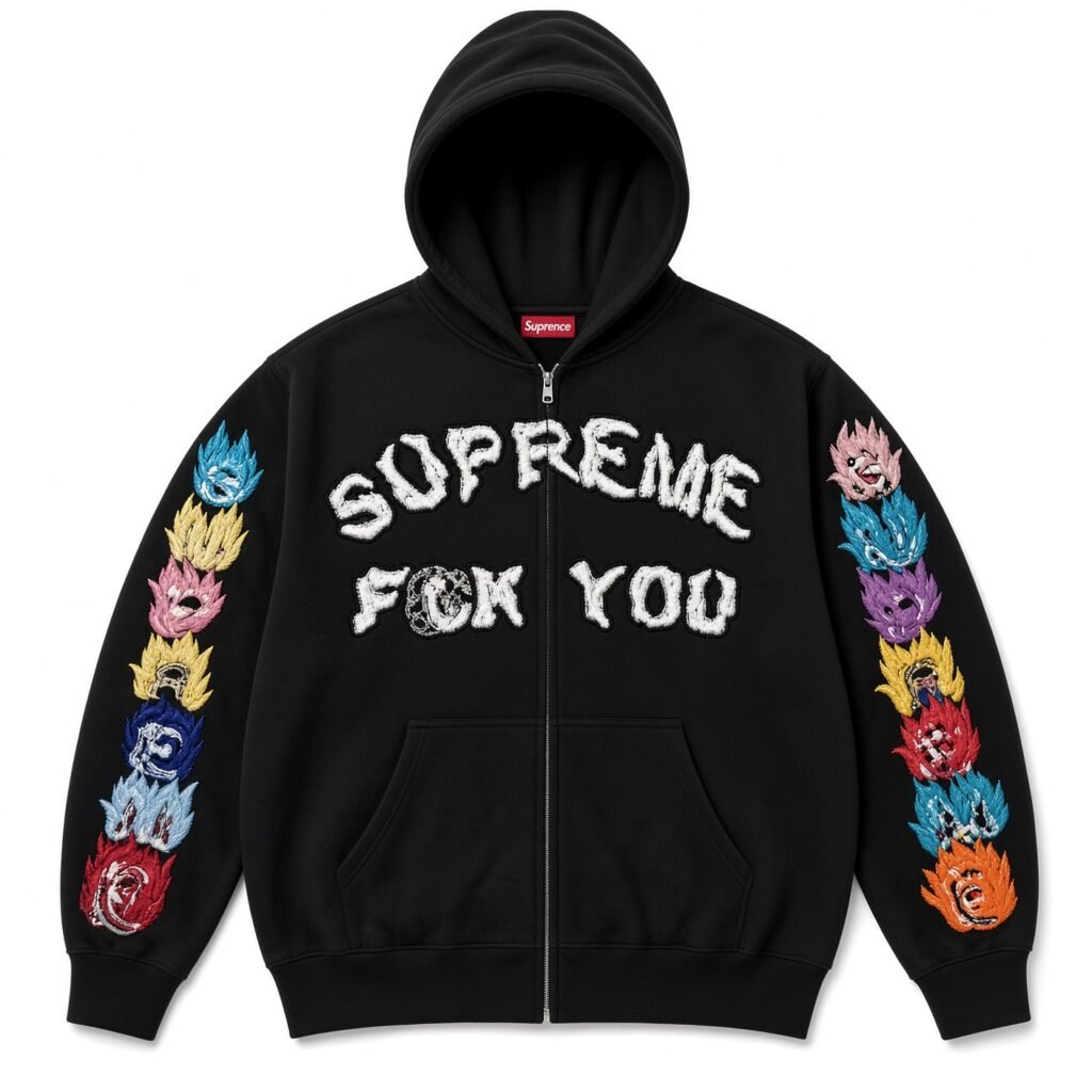 Black zip-up hoodie with hood, colorful embroidered character motifs on sleeves, and white Supremacy for You lettering on