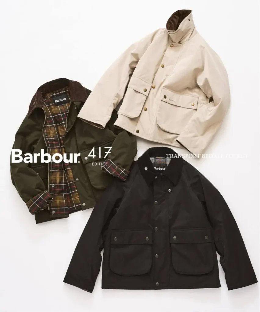 Three Barbour jackets arranged on a white background: cream, olive with tartan lining, and black with flap pockets