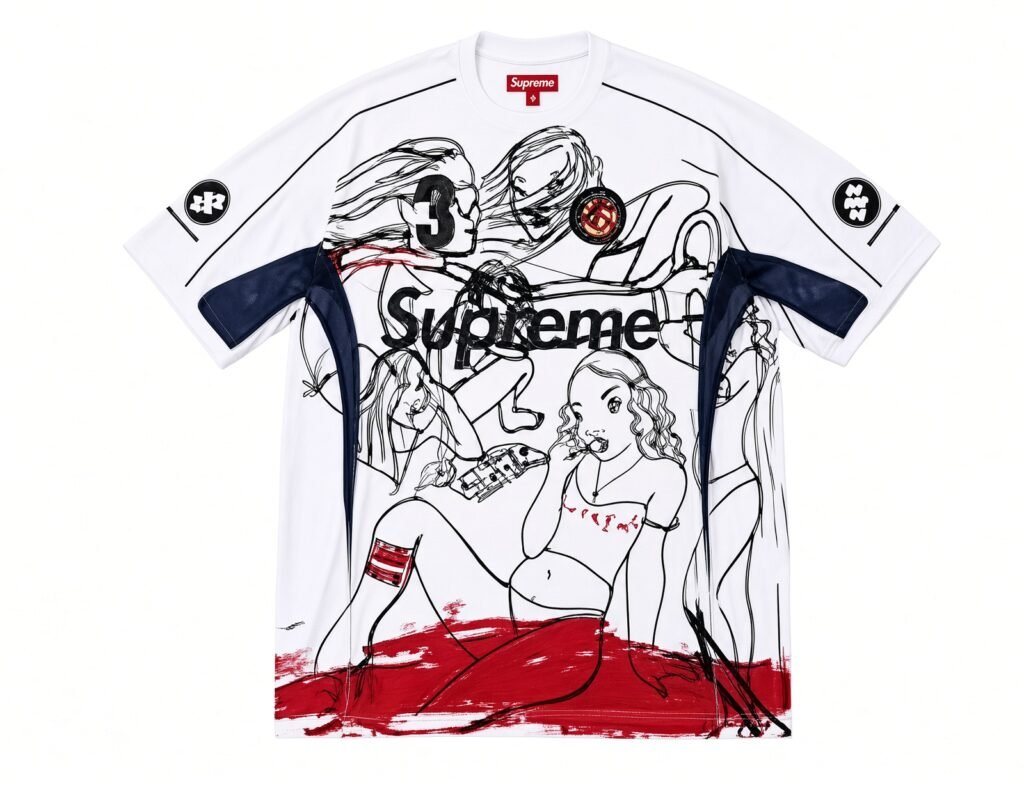 White Supreme short-sleeve shirt with navy panels and an illustrated group of women in black, red and navy graphics