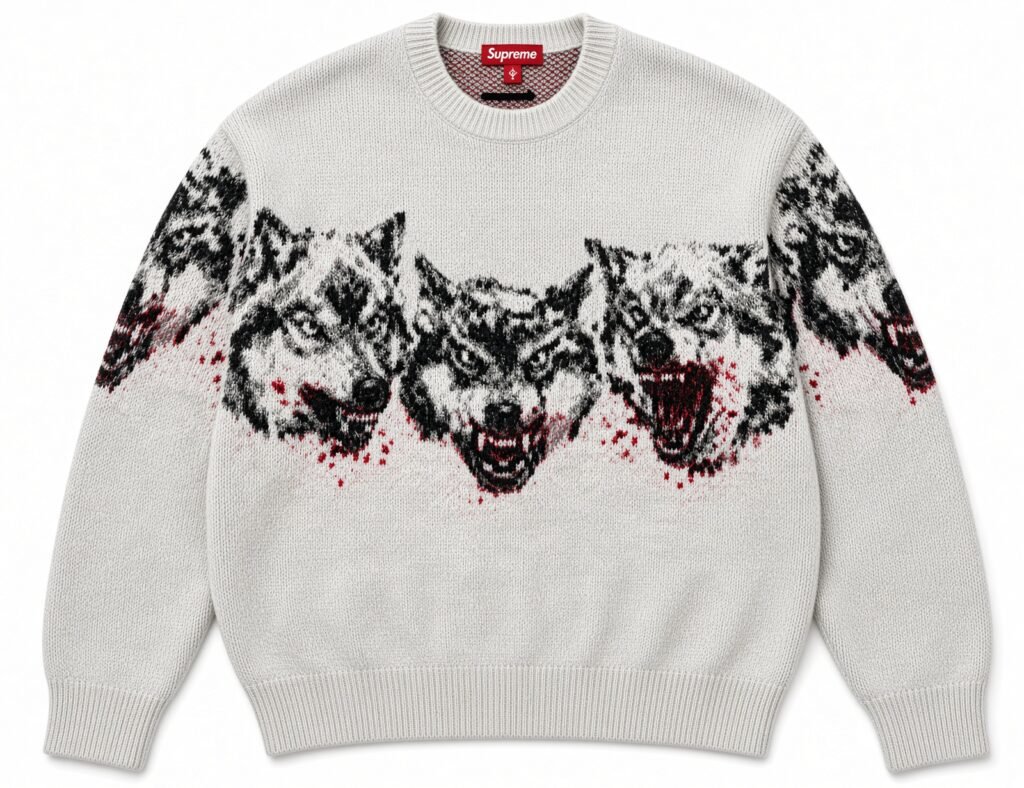 White knit Supreme sweater with black-and-red snarling wolf graphics across the chest and sleeves, displayed flat on white
