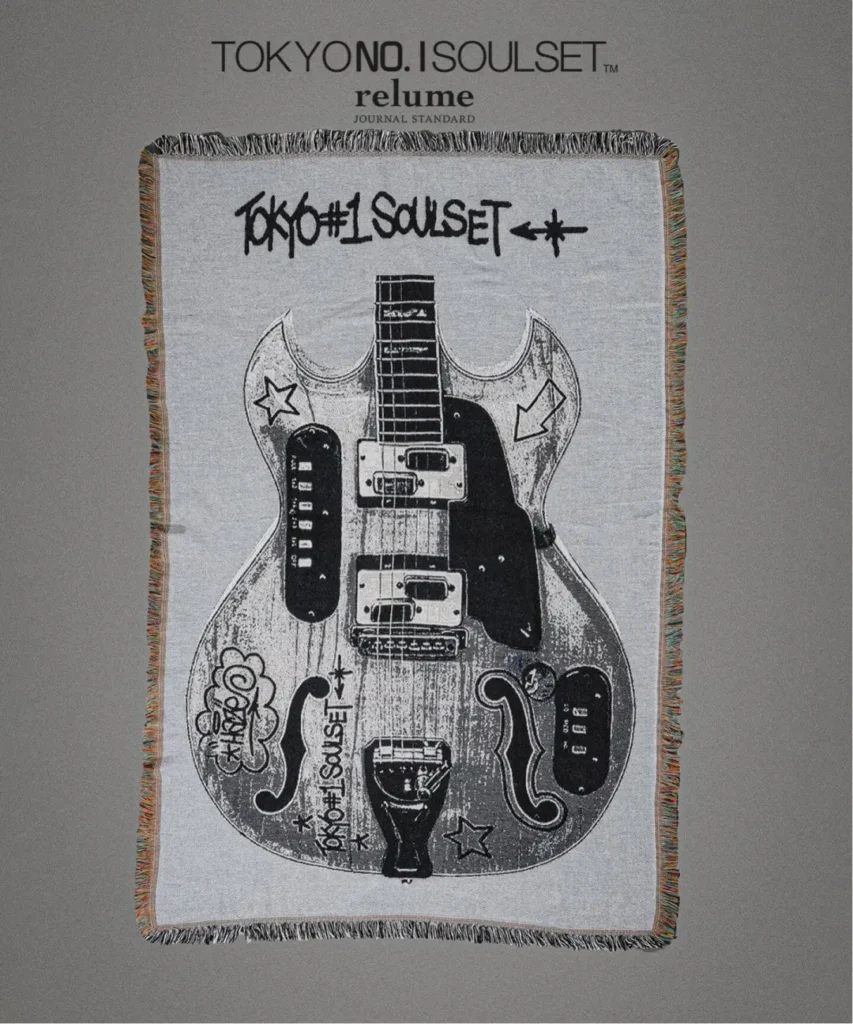 Fringed gray textile featuring a large black-and-white electric guitar graphic and Tokyo No.1 Soul Set lettering