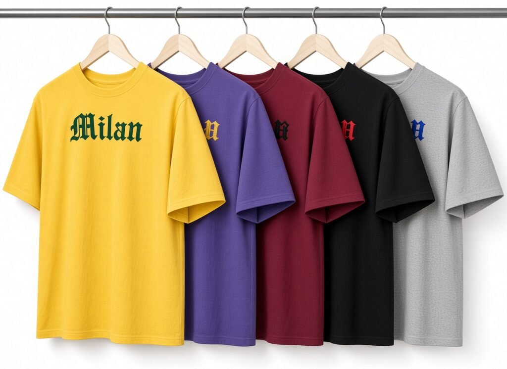 Five T-shirts in yellow, purple, burgundy, black and gray hang on wooden hangers, each reading Milan in Gothic lettering