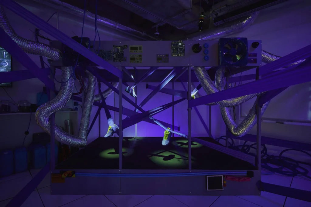 Purple-lit industrial machine with silver ventilation ducts, control panels, and a dark platform supporting small equipment