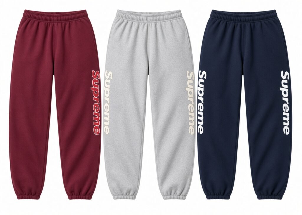 Three pairs of Supreme logo sweatpants in burgundy, gray, and navy arranged side by side on white background