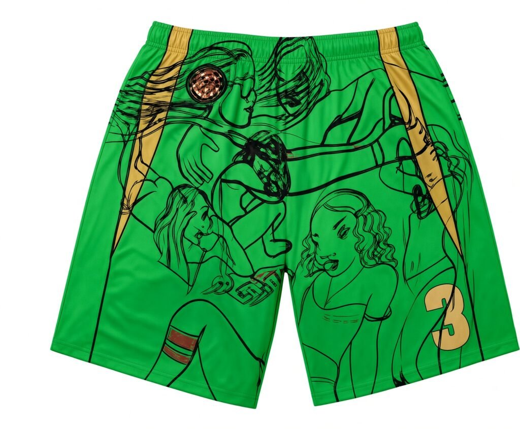 Green shorts with black illustrated figures and yellow strap accents