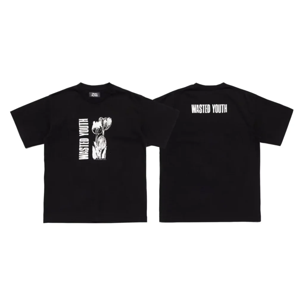 Two black T-shirts shown front and back, featuring Wasted Youth text and a white graphic on the front