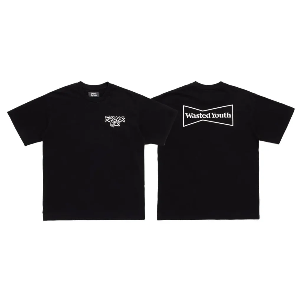 Two black T-shirts displayed front and back, with white graphic logos on the chest and back