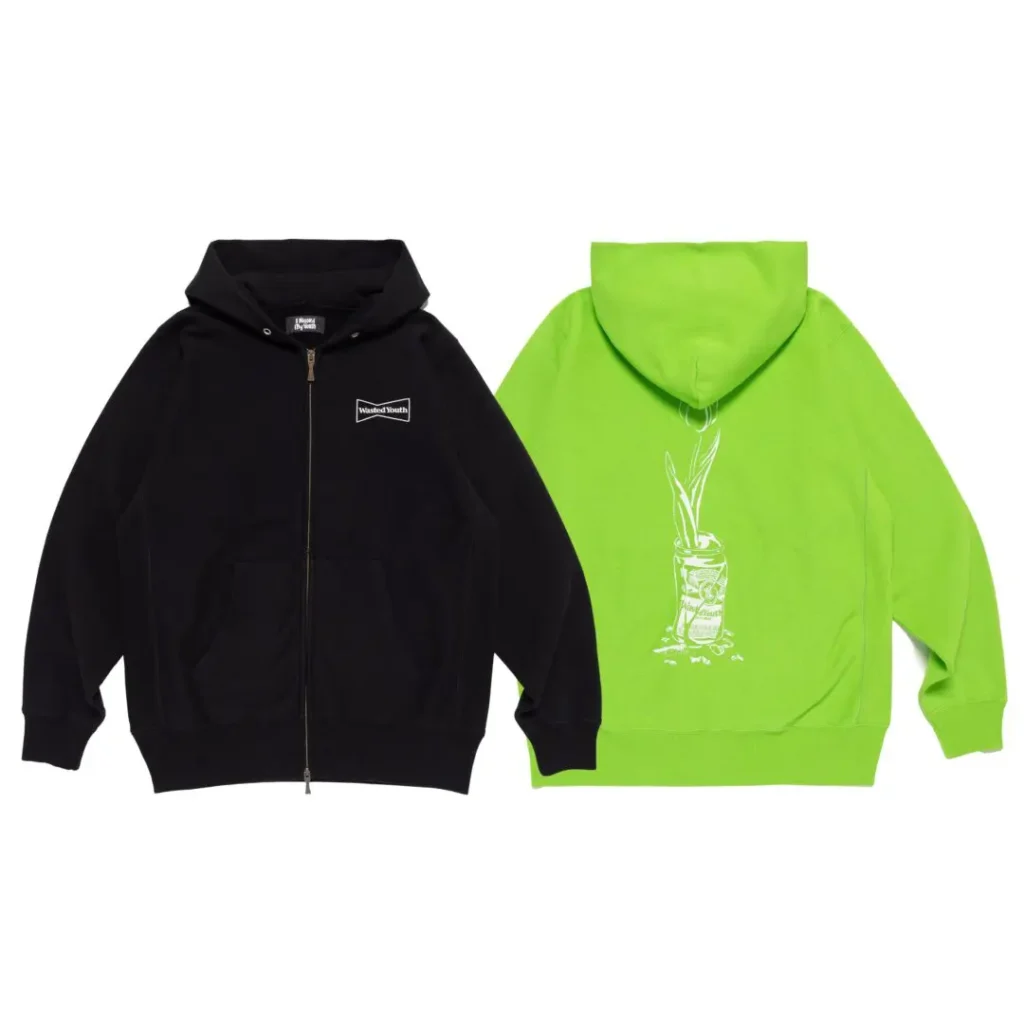 Black zip-up hoodie and bright green pullover hoodie with a white back graphic displayed side by side