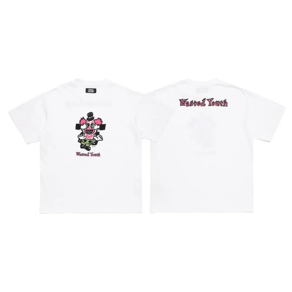 Front and back views of a white T-shirt with a colorful cartoon graphic and “Wasted Youth” text