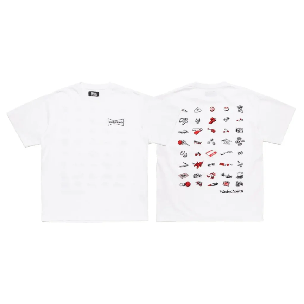 Front and back views of a white T-shirt with small chest logo and rows of graphic illustrations on the back