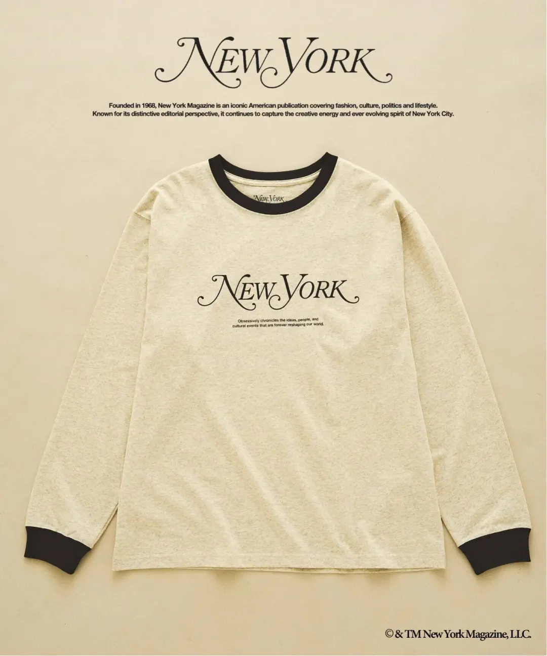 Cream long-sleeve shirt with black trim and New York Magazine logo, displayed beneath the magazine’s masthead