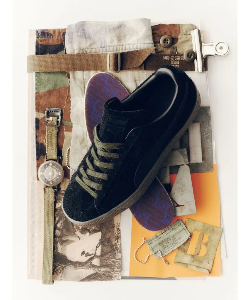 Black shoe with olive laces atop camouflage fabric, a compass watch, paper scraps, and a metal binder clip