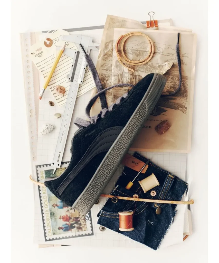 Black shoe, denim swatch, sewing tools, ruler, pencil, stamps and papers arranged on a white background