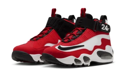 Pair of red, black and white high-top sneakers with wavy midsoles and a “24” tag on the ankle strap