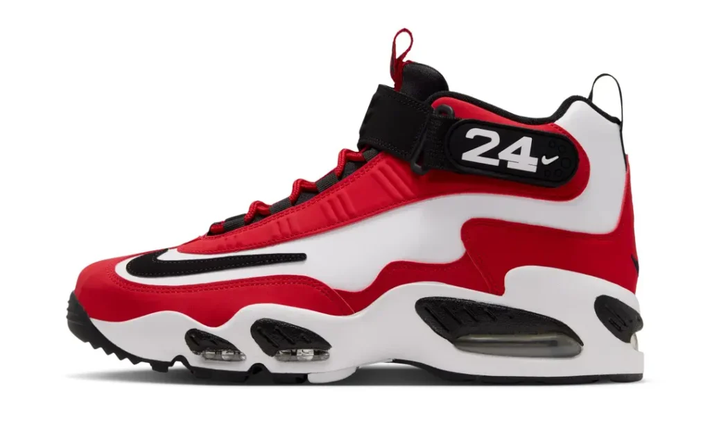 Red, white and black high-top sneaker with a visible “24” label and sculpted sole