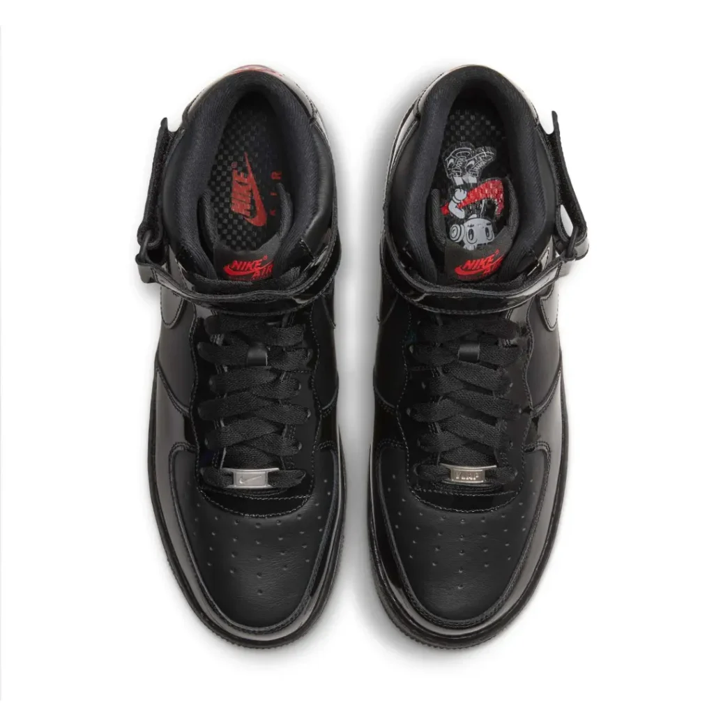 Pair of black patent leather Nike Air Force 1 Mid sneakers shown from above on a white background, with red branding and