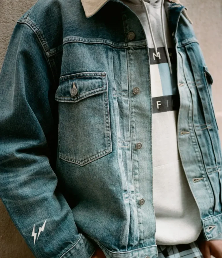 Close-up of a person wearing a blue denim jacket over a white shirt with black-and-light-blue graphics and a lightning patch