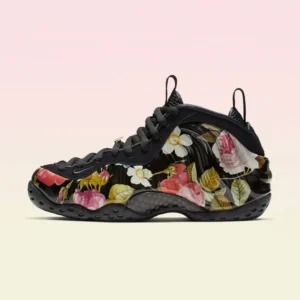 Black high-top sneaker with a colorful floral print, black laces and textured sole, shown in profile against a pale