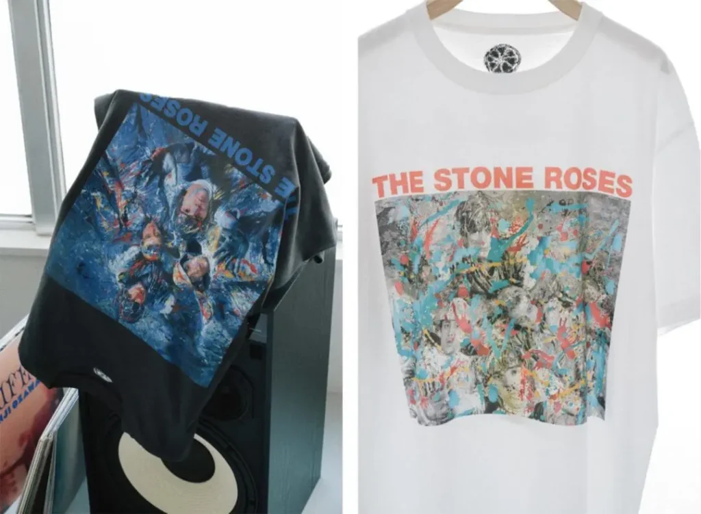 White Stone Roses T-shirt and black speaker draped with a matching graphic shirt beside it