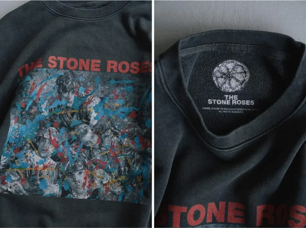 Black The Stone Roses T-shirt shown front and inside neck label with band artwork and red lettering