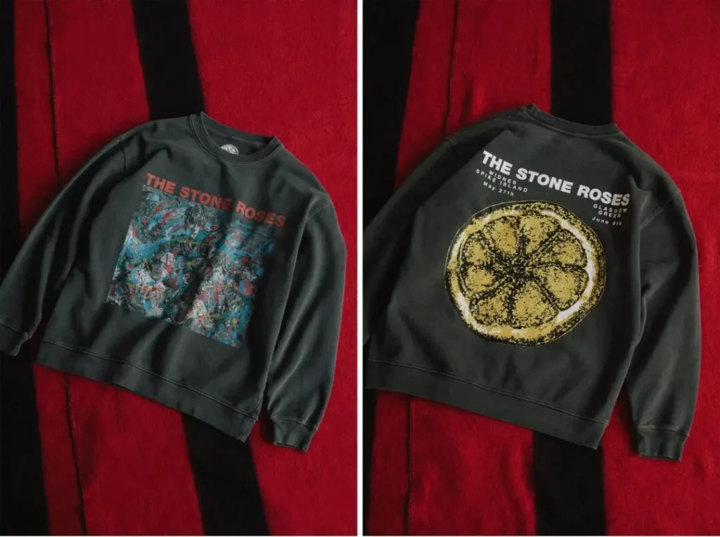 Black The Stone Roses sweatshirt shown front and back on red and black fabric background