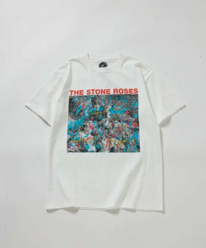 White T-shirt featuring red “The Stone Roses” text and a colorful abstract rectangular graphic