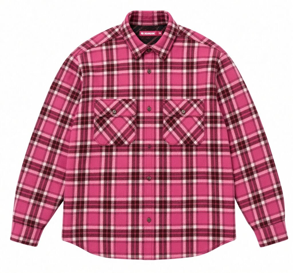 Pink plaid long-sleeve button-up shirt with a collar and two flap chest pockets, displayed flat on white background