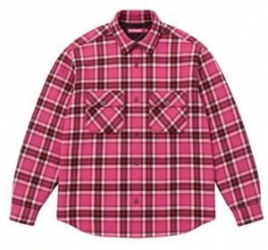 Pink plaid long-sleeve button-up shirt with a collar and two flap chest pockets, displayed flat on white background