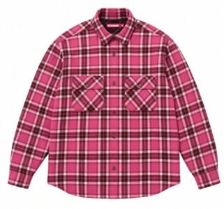 Pink plaid long-sleeve button-up shirt with a collar and two flap chest pockets, displayed flat on white background