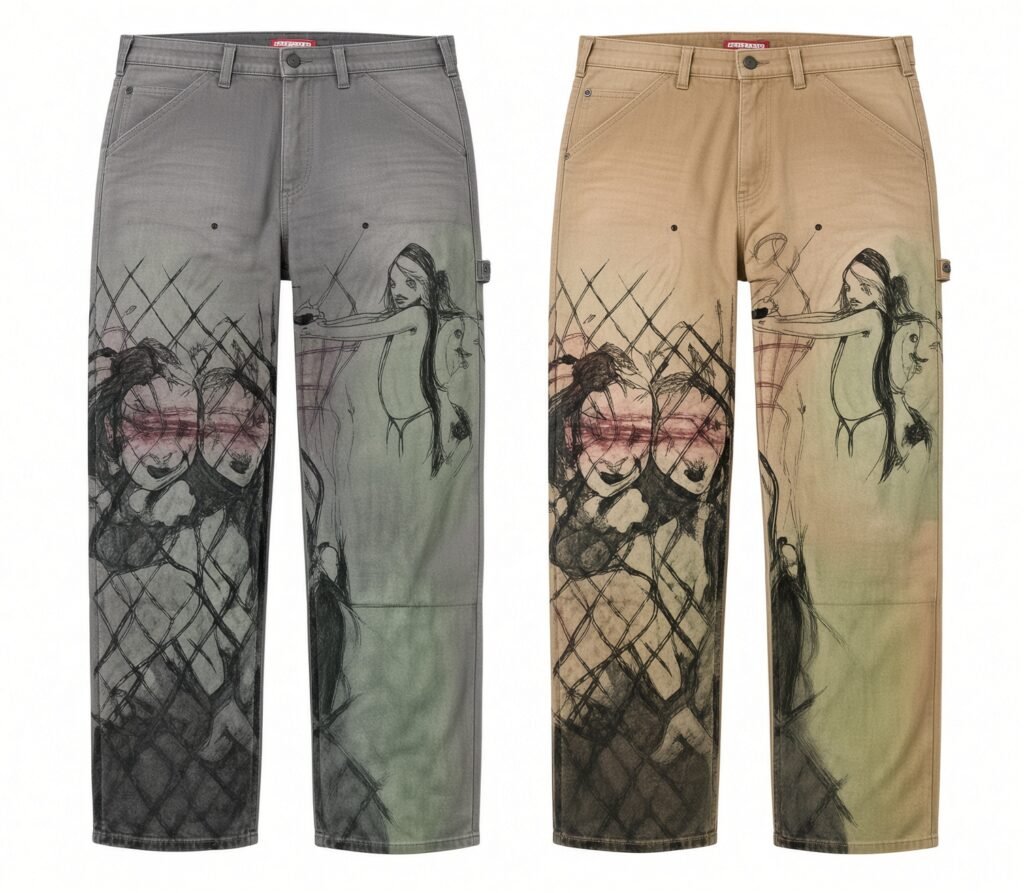 Two pairs of graphic cargo pants, one gray and one tan, featuring large illustrated designs on the legs