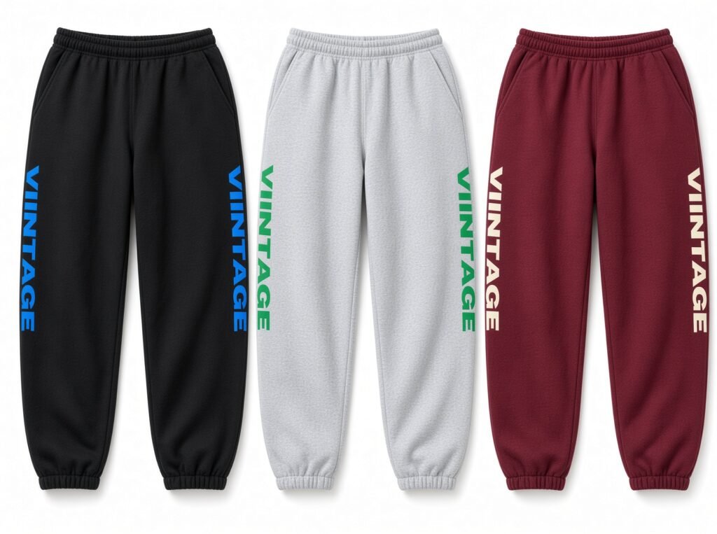 Three pairs of jogger pants in black, light gray, and burgundy with colorful vertical “VINTAGE” lettering
