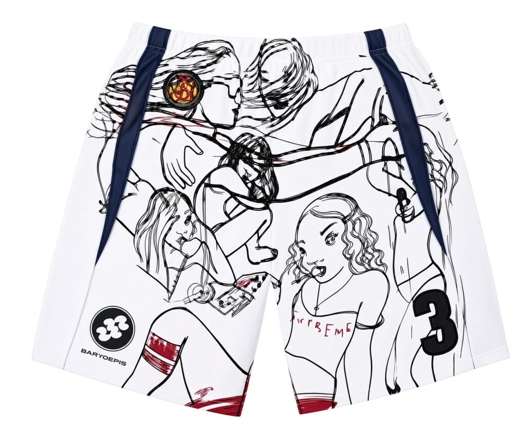 White graphic shorts with black line-art figures, navy side stripes, red accents and a black number 3 patch