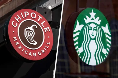 Split image showing Chipotle’s red-and-brown circular sign beside Starbucks’ green-and-white siren logo on storefronts