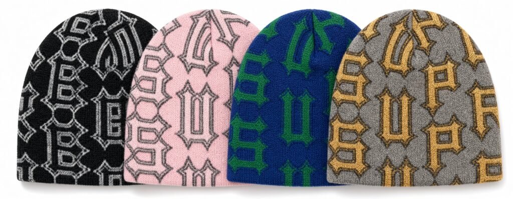 Four knit caps in black, pink, blue and green, and gray and gold, featuring repeating gothic-style lettering on white