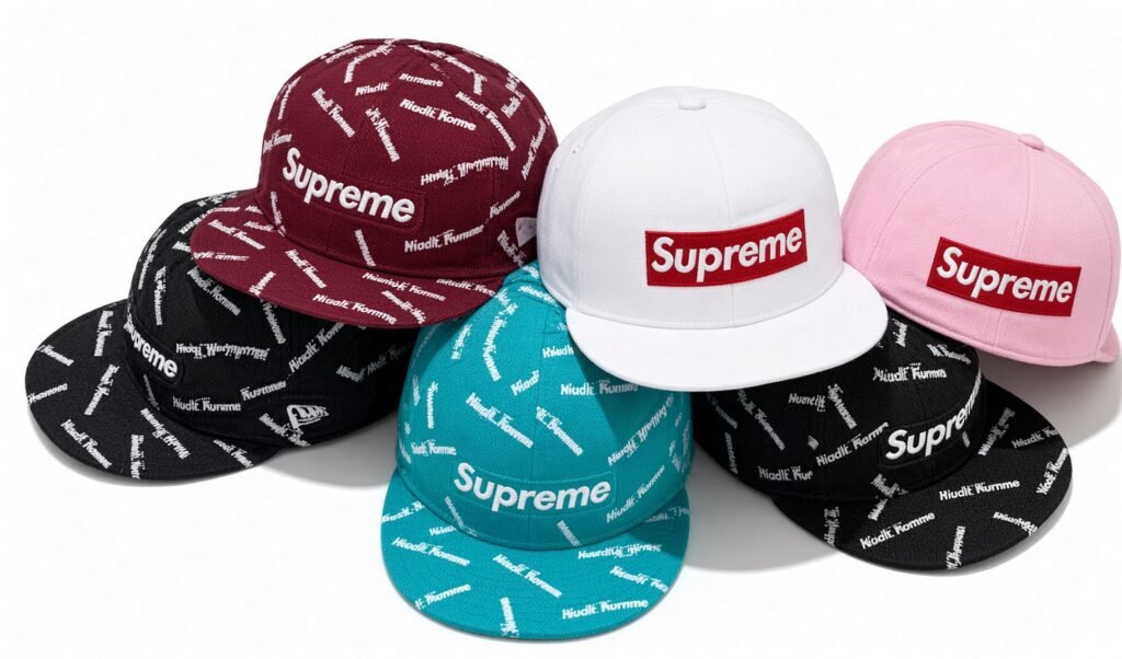 Six Supreme baseball caps in black, burgundy, teal, white, and pink, arranged against a white background