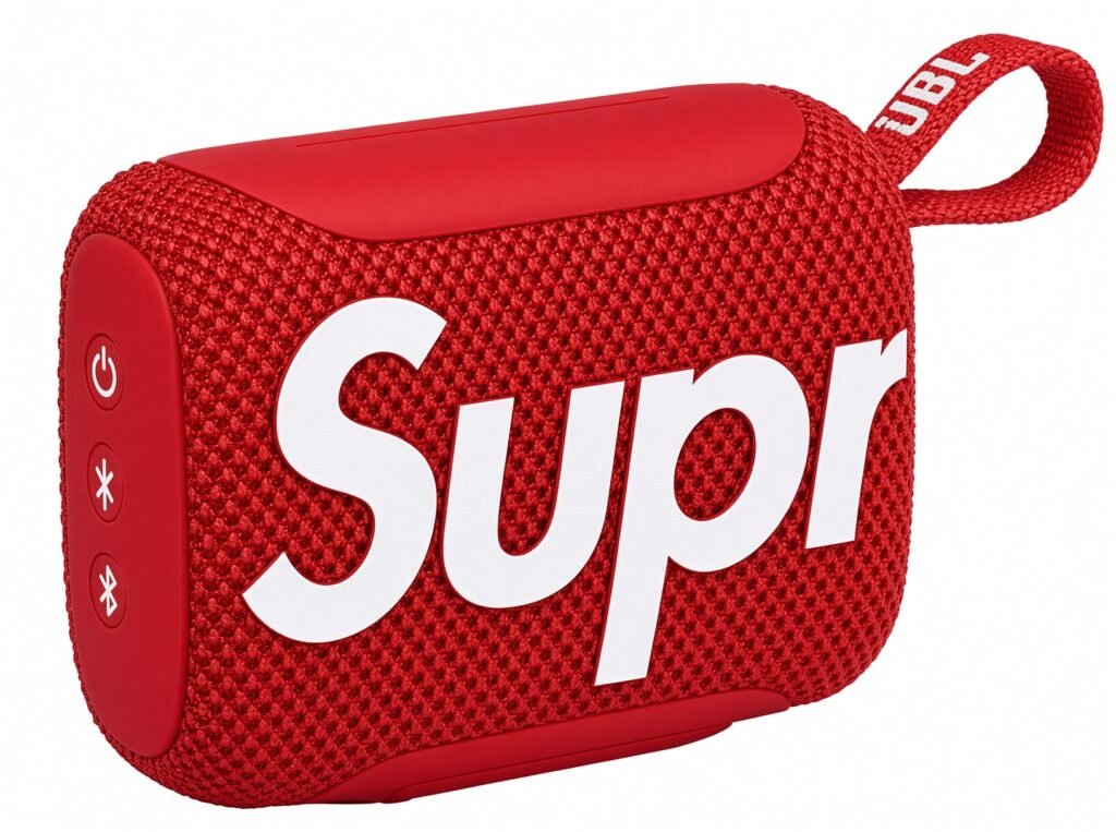 Red fabric-covered Supreme portable speaker with white logo, red control panel, and carrying loop on a white background