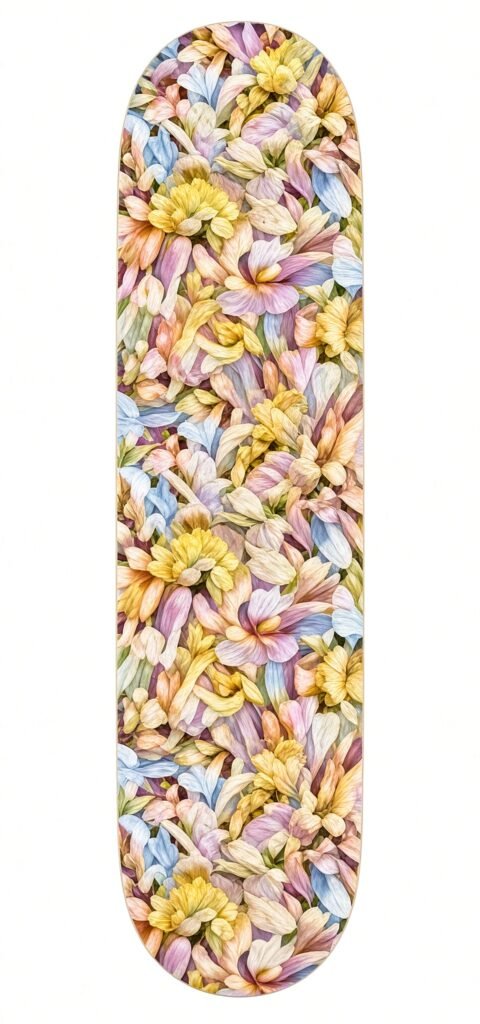 Skateboard deck covered edge to edge in a pastel floral pattern, shown vertically against a white background